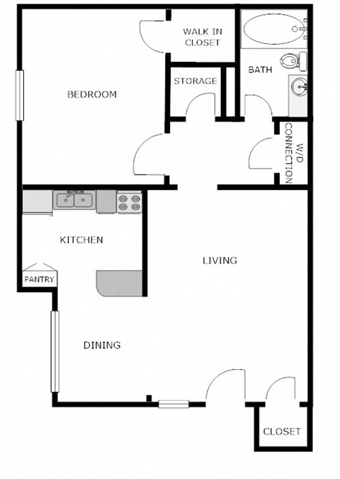 Floor plan for 1 bed, 1 bath, 720 sqft